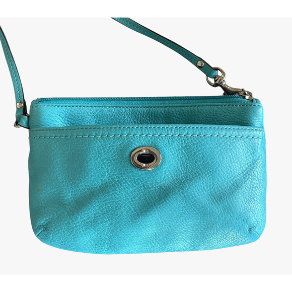 COACH Women's Small Teal Pebble Leather Silver Turnlock Top Zip Wristlet Classic - Picture 4 of 12